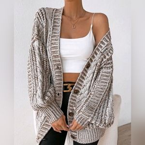 New Boho Chunky Cable Knit Cardigan Sweater Cream White Brown